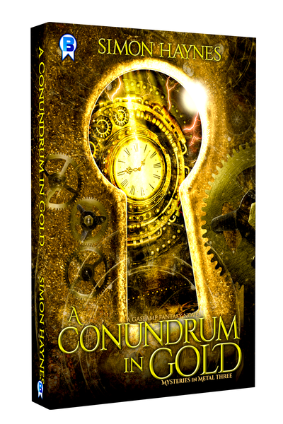 Mysteries in Metal book three: A Conundrum in Gold cover art (c) Bowman Press