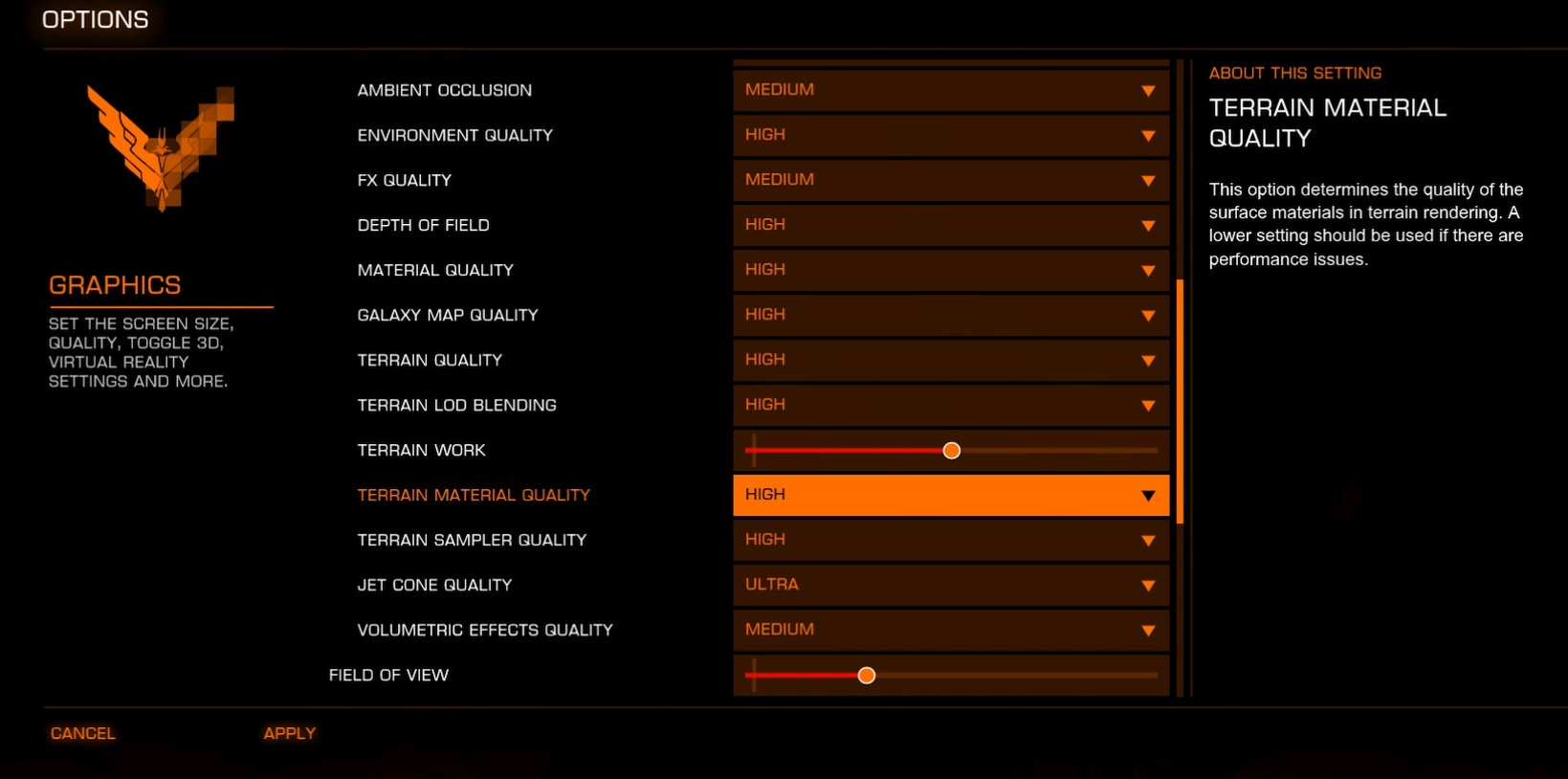 Settings menu - Elite: Dangerous